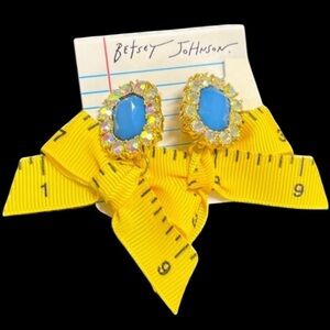 BETSEY JOHNSON Back to School Ribbon Ruler and Crystal Gemstone Earrings NEW NWT